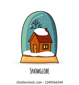 Snowglobe with house, tree and snowflakes. Isolated Vector File