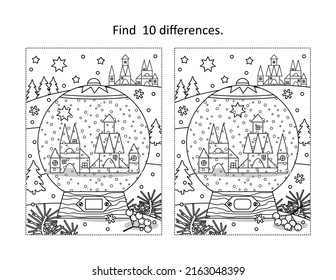 Snowglobe with toy town scene find ten differences picture puzzle and coloring page fun activity for Christmas or New Year winter holidays
