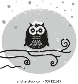 Snowing black and white owl vector background