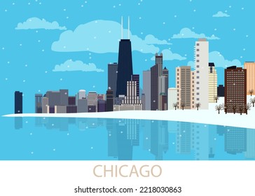 Snowing In Chicago City, America. Winter Panorama Of Western City With Nodern Architecture, Skyscrapers, Frozen Lake Michigan, Willis Tower, Park. Cityscape. Vector Illustration EPS10