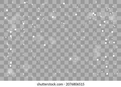 Snowing Christmas or New Year wide angle illustration. Falling shine snowflakes isolated on transparent background. PNG blizzard or snowfall.