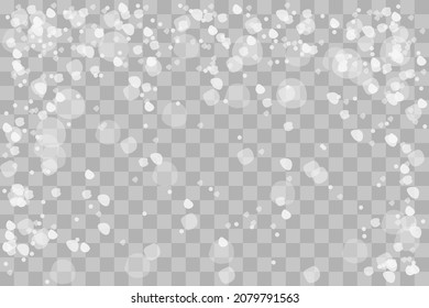 Snowing Christmas or New Year wide angle illustration. Falling shine snowflakes isolated on transparent background. PNG blizzard or snowfall.