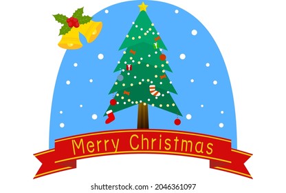 Snowing Christmas tree snow globe with Christmas bells and ribbon decorations