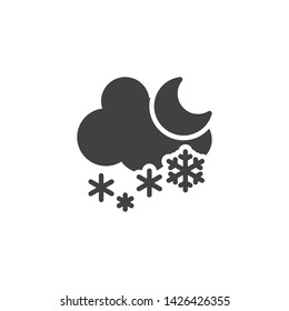 Snowing cloud and moon vector icon. filled flat sign for mobile concept and web design. Snowfall night glyph icon. Winter weather symbol, logo illustration. Vector graphics