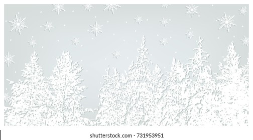 Snowing forest background. Christmas trees and snowflakes on blue background. Vector Christmas and New Year postcard template.