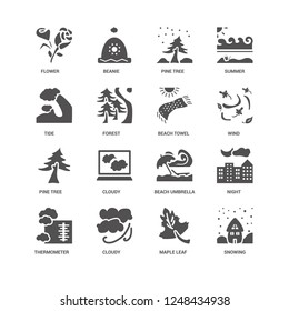 Snowing, Forest, Flower, Beanie, Night, Beach umbrella, Cloudy, Maple leaf icon 16 set EPS 10 vector format. Icons optimized for both large and small resolutions.