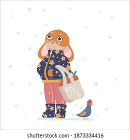 It is snowing. Funny rabbit and pigeon. Vector illustration.