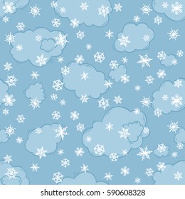 Snowing grey winter sky and clouds. Seamless wallpaper, pattern or background.