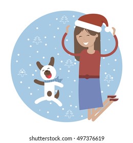 It's snowing! Happy young girl in the hat of Santa Claus with her pet dog jumping for joy. Winter holidays card. Happy New Year! Vector illustration flat design