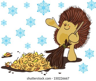 	It's snowing. Hedgehog sweeping fallen leaves.