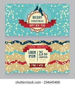 snowing holiday template for party invitation, retro typography design, vector illustration