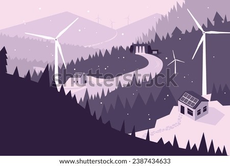 Snowing Landscape Combatting Climate Change Using Renewable Energy, Reducing Carbon Footprint, Greenhouse Gases, Fossil Fuels, Energy Saving, Green Energy, Wind Turbines, Solar Power, Hydropower