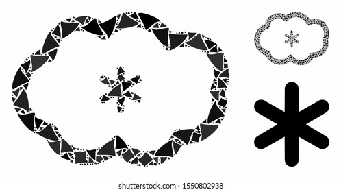 Snowing mosaic of irregular pieces in variable sizes and color tinges, based on snowing icon. Vector bumpy pieces are united into collage. Snowing icons collage with dotted pattern.