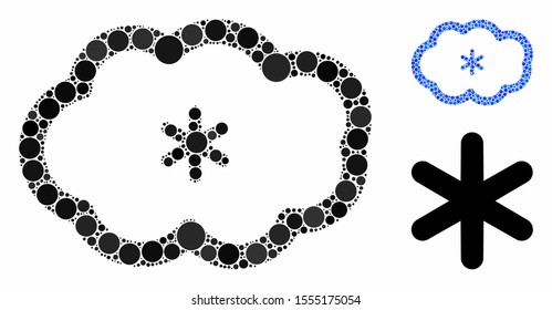 Snowing mosaic of round dots in different sizes and color tinges, based on snowing icon. Vector round dots are united into blue illustration. Dotted snowing icon in usual and blue versions.