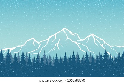 snowing Mountain Peaks Landscape and Pine Forest in flat icon design