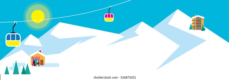 Snowing mountains landscape. Alps Skiing resort background. Vector illustration.