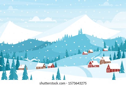 Snowing in mountains landscape flat vector illustration