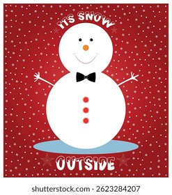 It's snowing outside, a vector smiling merry Christmas snowmen design, with a bow tie, on a Christmas pattern background