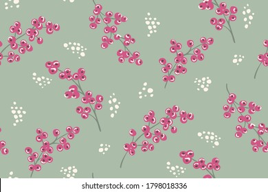 Snowing pink berry seamless vector pattern. Pink berry branches falling along with snow on mint background. Great for home decor, fabric, wallpaper, gift-wrap, stationery and packaging design projects