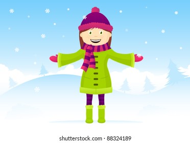 It's Snowing. Smiling Girl Standing with Arms Wide Open on Winter Day. 