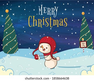 It's snowing! Snowman is happy. Run in the snow.
