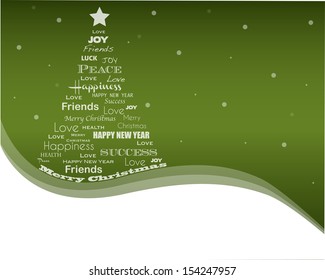 Snowing winter background with Christmas tree full of greetings