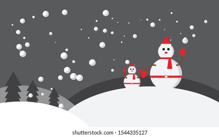 Snowing in winter on Christmas. Snowman and Christmas tree.