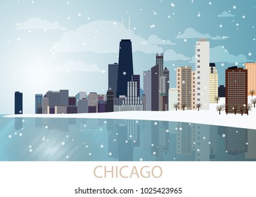 Snowing Winter Panorama Of Chicago City With Skyscrapers, Frozen Lake Michigan, Willis Tower, Trees, Snowflakes And Blue Sky And Sunny Day. Landscape, View, Snow, Travel, USA. Vector EPS10