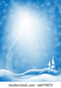 Snowing. A winter vector background illustration with trees and hills covered with snow. Light blue sky with room for text. Letter size.