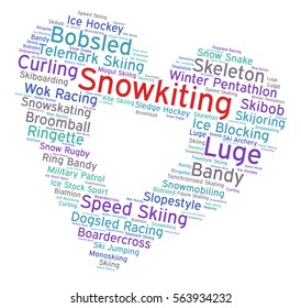 Snowkiting. Word cloud, heart inside heart, italic font, white background. Love of sport.