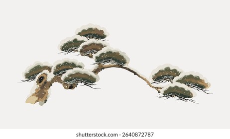 Snow-laden pine boughs, Japanese trees illustration by Ogata Kenzan, vintage vector element. 