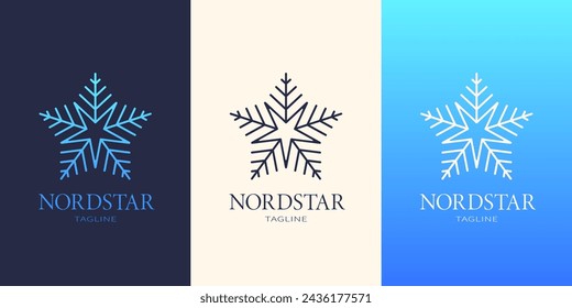 Logotipo de la estrella Snowlake. Conjunto de logotipos con tres variantes en diferentes colores. Ideal para web, impresión, poligrafía, tarjetas de visita, letreros, logotipo y diseño de marca.