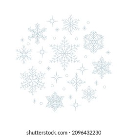 Snowlakes composition in circle shape. Geometric Christmas and New Year circle background for greeting card, decoration. Line art illustration