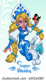Snow-maiden and bullfinch, on a blue background with patterns. New Year card, vector.