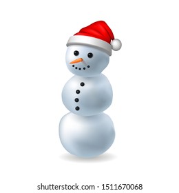 Snowman 3D. Realistic snowman isolated white background. Cartoon head graphic design. Comic expression Santa Claus costume. Funny face, carrot, coals eyes. Simple face Vector illustration