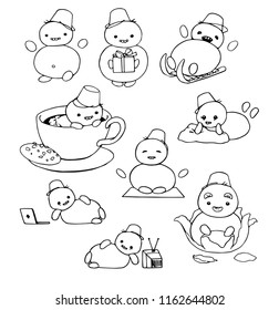 Snowman activities line vector illustration. Sitting in the coffee, riding sleigh, lying on the floor by the TV or notebook, meditating, presenting a gift and running. Hand drawn vector illustration.