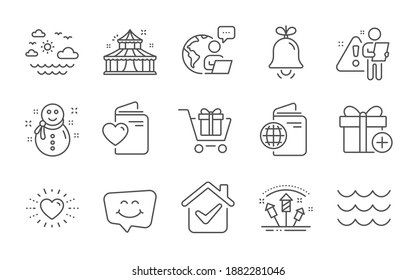 Snowman, Add gift and Heart line icons set. Waves, Shopping cart and Love document signs. Travel sea, Smile chat and Bell symbols. Circus, Travel passport and Fireworks rocket. Line icons set. Vector