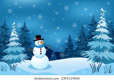 Snowman against the backdrop of forest and mountains in snowy weather. Beautiful Christmas winter night landscape with lush fir trees and large snowdrifts with amazing snowflakes.