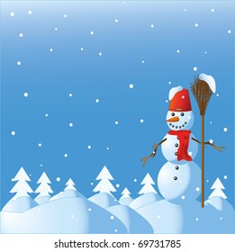 The snowman among winter snowdrifts and fur-trees with a broom
