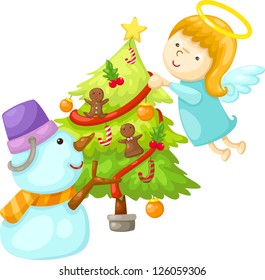 snowman with angel tree christmas .Vector illustration  on white background