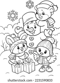 Snowman and animals. New Year. coloring book for children.