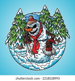 A snowman is an anthropomorphic snow sculpture, an example of popular art. Here is a picture of a snowman with a scary face like a killer snowman, he is holding a knife, and holding a santa hat.