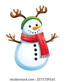 Snowman with antlers, scarf, and twig arms. Vector cartoon illustration