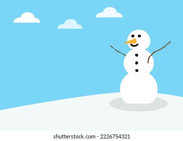 A snowman with arms made of sticks and eyes made of coal and a carrot nose stands on a snow hill with blue sky and wise clouds. Isolated vector graphic.

