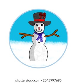 Snowman with ascarf and a black hat and background