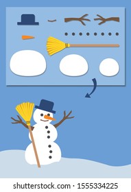 Snowman assembly instruction. Easy set with his single parts. Vector comic illustration on blue background.
