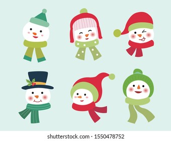Snowman avatar material collection.Christmas vector illustration.Holiday material.