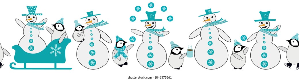 Snowman and baby penguin seamless vector border. Fun blue white banner with smiling, laughing snowmen, little penguins dressed in hats, scarves. Antarctic animals ice-skating, sledging winter scene