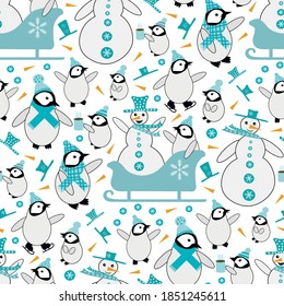 Snowman and baby penguin sledging and iceskating seamless vector pattern background. Blue white orange backdrop with snowmen, small penguins, sledges, hot drinks, carrots. Funky winter activity scene