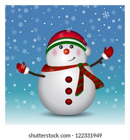 Snowman background. Christmas and New Year Winter holiday greeting card, vector
